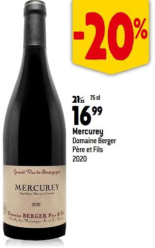 Promotions Mercurey domaine berger père et fils 2020 - Vins rouges - Valide de 13/09/2023 à 10/10/2023 chez Match