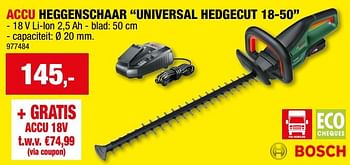 Promoties Bosch accu heggenschaar universal hedgecut 18-50 - Bosch - Geldig van 27/09/2023 tot 08/10/2023 bij Hubo
