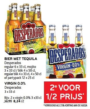 Promotions Bier met tequila desperados + virgin 0.0% desperados 2e voor 1-2 prijs - Desperados - Valide de 20/09/2023 à 03/10/2023 chez Alvo