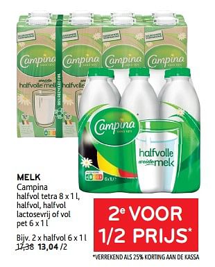 Promoties Melk campina 2e voor 1-2 prijs - Campina - Geldig van 20/09/2023 tot 03/10/2023 bij Alvo