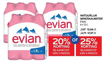 Promoties Natuurlijk mineraalwater evian 20% korting bij aankoop van 3 pakken of 25% korting bij aankoop van 4 pakken - Evian - Geldig van 20/09/2023 tot 03/10/2023 bij Alvo