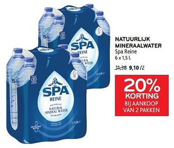 Promoties Natuurlijk mineraalwater spa reine 20% korting bij aankoop van 2 pakken - Spa - Geldig van 20/09/2023 tot 03/10/2023 bij Alvo