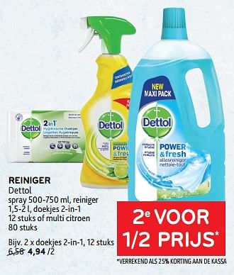 Promoties Reiniger dettol 2e voor 1-2 prijs - Dettol - Geldig van 20/09/2023 tot 03/10/2023 bij Alvo