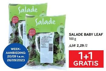 Promoties Salade baby leaf 1+1 gratis - Huismerk - Alvo - Geldig van 20/09/2023 tot 03/10/2023 bij Alvo