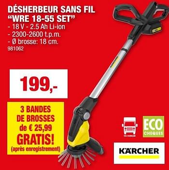 Promotions Kärcher désherbeur sans fil wre 18-55 set - Kärcher - Valide de 27/09/2023 à 08/10/2023 chez Hubo