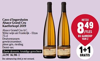 Promoties Cave d’ingersheim alsace grand cru kaefferkopf 2019 - Witte wijnen - Geldig van 28/09/2023 tot 04/10/2023 bij Delhaize