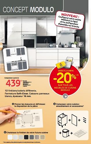 Promotions -20% sur tous les meubles de cuisine modulo - Produit maison - Brico - Valide de 27/08/2023 à 16/10/2023 chez Brico
