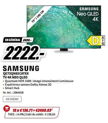 Promotions Samsung qe75qn85catxx tv 4k neo qled - Samsung - Valide de 23/10/2023 à 29/10/2023 chez Media Markt