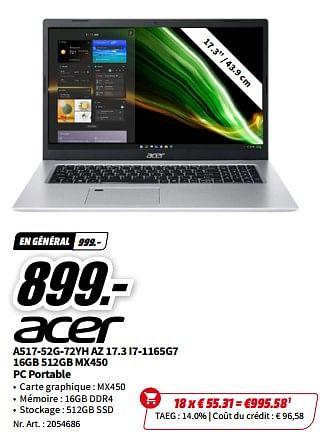 Promotions Acer a517-52g-72yh az 17.3 i7-1165g7 16gb 512gb mx450 pc portable - Acer - Valide de 23/10/2023 à 29/10/2023 chez Media Markt
