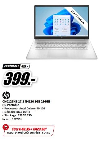 Promotions Hp cn0127nb 17.3n4120 8gb 256gb pc portable - HP - Valide de 23/10/2023 à 29/10/2023 chez Media Markt