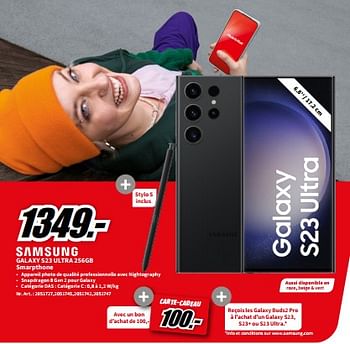 Promotions Samsung galaxy s23 ultra 256gb smarpthone - Samsung - Valide de 23/10/2023 à 29/10/2023 chez Media Markt