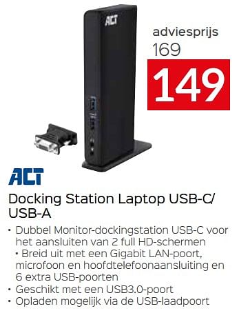 Promoties Act docking station laptop usb-c- usb-a - ACT - Geldig van 24/09/2023 tot 31/10/2023 bij Selexion