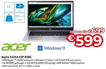 Promotions Acer aspire 3 a314-23p-r5bg - Acer - Valide de 15/09/2023 à 31/10/2023 chez Exellent