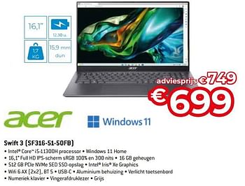Promoties Acer swift 3 sf316-51-50fb - Acer - Geldig van 15/09/2023 tot 31/10/2023 bij Exellent