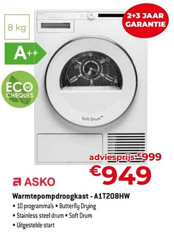 Promoties Asko warmtepompdroogkast - a1t208hw - Asko - Geldig van 24/09/2023 tot 31/10/2023 bij Exellent
