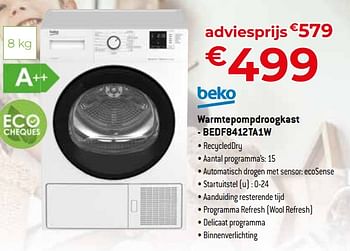 Promoties Beko warmtepompdroogkast - bedf8412ta1w - Beko - Geldig van 24/09/2023 tot 31/10/2023 bij Exellent