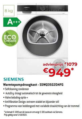 Promotions Siemens warmtepompdroogkast - sswq35g2d4fg - Siemens - Valide de 24/09/2023 à 31/10/2023 chez Exellent