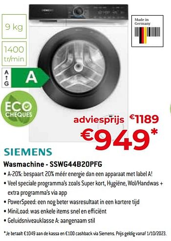 Promoties Siemens wasmachine - sswg44b20pfg - Siemens - Geldig van 24/09/2023 tot 31/10/2023 bij Exellent