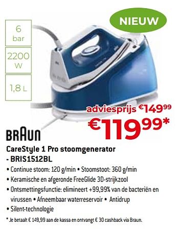 Promoties Braun carestyle 1 pro stoomgenerator - bris1512bl - Braun - Geldig van 24/09/2023 tot 31/10/2023 bij Exellent