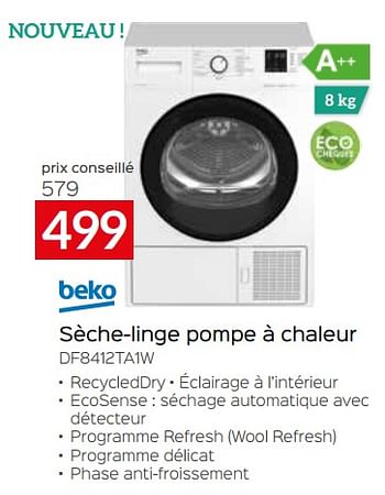 Promotions Beko sèche-linge pompe à chaleur df8412ta1w - Beko - Valide de 24/09/2023 à 31/10/2023 chez Selexion