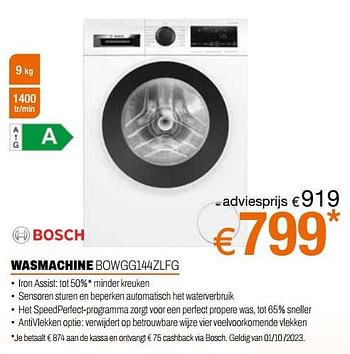 Promoties Bosch wasmachine bowgg144zlfg - Bosch - Geldig van 24/09/2023 tot 31/10/2023 bij Expert