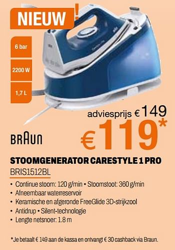 Promoties Braun stoomgenerator carestyle 1 pro bris1512bl - Braun - Geldig van 24/09/2023 tot 31/10/2023 bij Expert