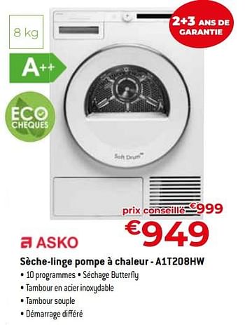 Promotions Asko sèche-linge pompe à chaleur - a1t208hw - Asko - Valide de 24/09/2023 à 31/10/2023 chez Exellent