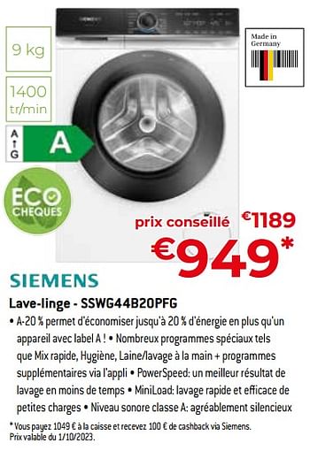 Promotions Siemens lave-linge - sswg44b20pfg - Siemens - Valide de 24/09/2023 à 31/10/2023 chez Exellent