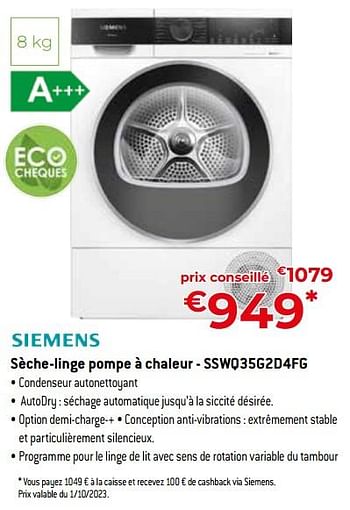 Promotions Siemens sèche-linge pompe à chaleur - sswq35g2d4fg - Siemens - Valide de 24/09/2023 à 31/10/2023 chez Exellent