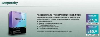 Promoties Kaspersky anti-virus plus benelux edition 1 device 1 jaar - Kaspersky - Geldig van 01/10/2023 tot 31/10/2023 bij Compudeals