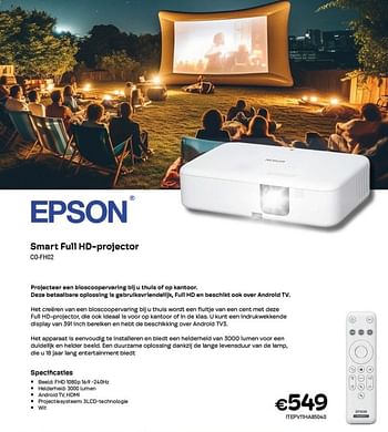 Promoties Epson smart full hd-projector co-fh02 - Epson - Geldig van 01/10/2023 tot 31/10/2023 bij Compudeals