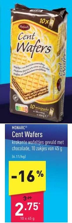 Promoties Cent wafers - Monarc - Geldig van 30/10/2023 tot 10/11/2023 bij Aldi