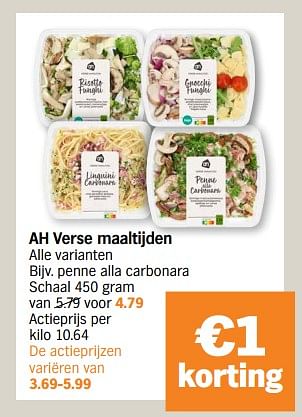 Promoties Ah verse maaltijden penne alla carbonara - Huismerk - Albert Heijn - Geldig van 30/10/2023 tot 05/11/2023 bij Albert Heijn