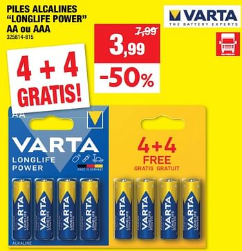 Promotions Piles alcalines longlife power aa ou aaa - Varta - Valide de 25/10/2023 à 05/11/2023 chez Hubo