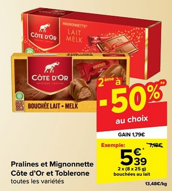 Promotions Bouchées au lait - Cote D'Or - Valide de 31/10/2023 à 07/11/2023 chez Carrefour