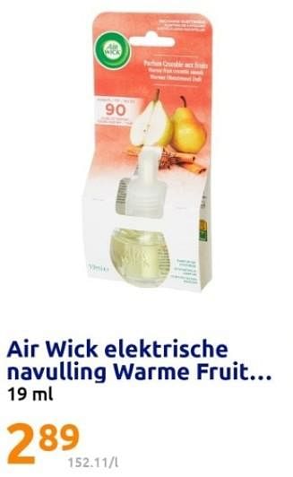 Promoties Air wick elektrische navulling warme fruit - Airwick - Geldig van 01/11/2023 tot 07/11/2023 bij Action