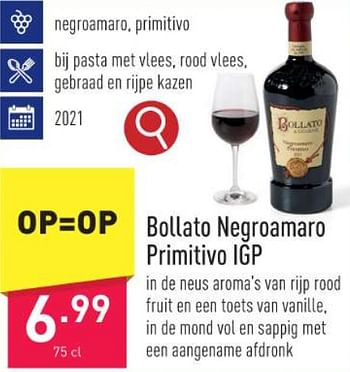 Promoties Bollato negroamaro primitivo igp - Rode wijnen - Geldig van 10/11/2023 tot 17/11/2023 bij Aldi