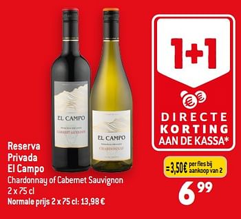 Promotions Reserva privada el campo chardonnay of cabernet sauvignon - Vins rouges - Valide de 01/11/2023 à 07/11/2023 chez Smatch