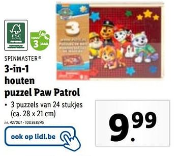 Promoties 3-in-1 houten puzzel paw patrol - Spin Master - Geldig van 08/11/2023 tot 14/11/2023 bij Lidl