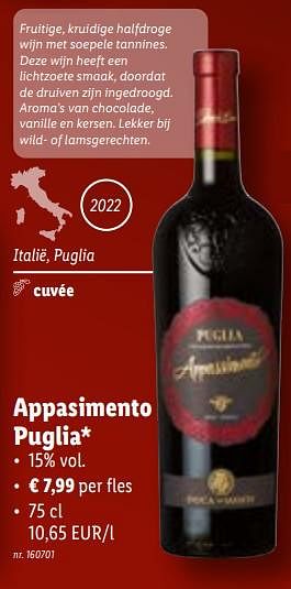 Promoties Appasimento puglia - Rode wijnen - Geldig van 08/11/2023 tot 14/11/2023 bij Lidl