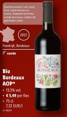 Promoties Bio bordeaux aop - Rode wijnen - Geldig van 08/11/2023 tot 14/11/2023 bij Lidl