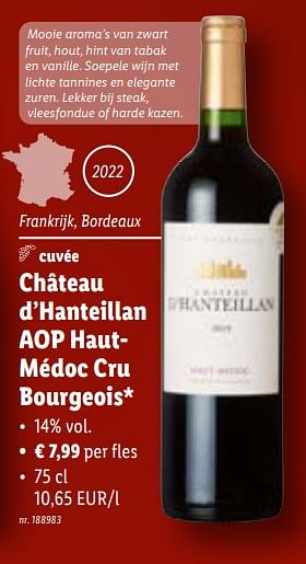 Promoties Château d’hanteillan aop hautmédoc cru bourgeois - Rode wijnen - Geldig van 08/11/2023 tot 14/11/2023 bij Lidl