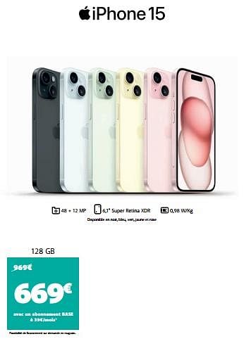 Promotions Apple iphone 15 128 gb - Apple - Valide de 31/10/2023 à 13/11/2023 chez Base