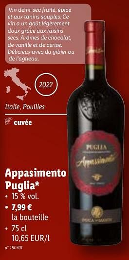 Promotions Appasimento puglia - Vins rouges - Valide de 08/11/2023 à 14/11/2023 chez Lidl