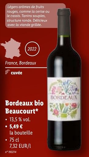 Promotions Bordeaux bio beaucourt - Vins rouges - Valide de 08/11/2023 à 14/11/2023 chez Lidl