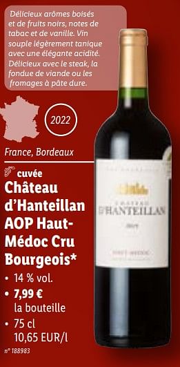 Promotions Château d’hanteillan aop hautmédoc cru bourgeois - Vins rouges - Valide de 08/11/2023 à 14/11/2023 chez Lidl
