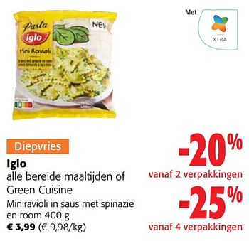 Promoties Iglo miniravioli in saus met spinazie en room - Iglo - Geldig van 02/11/2023 tot 14/11/2023 bij Colruyt