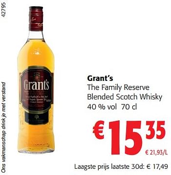 Promoties Grant’s the family reserve blended scotch whisky - Grant's - Geldig van 02/11/2023 tot 14/11/2023 bij Colruyt