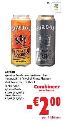 Promoties Gordon xplosion peach gearomatiseerd bier met perzik of finest platinum sterk blond bier - Gordon - Geldig van 02/11/2023 tot 14/11/2023 bij Colruyt