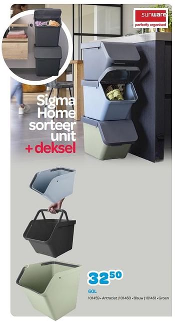 Promoties Sigma home sorteer unit + deksel 60l - Sunware - Geldig van 30/10/2023 tot 10/12/2023 bij Happyland